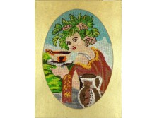 Teát felszolgáló lány régi gobelin 60 x 45 cm 1961