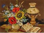 Asztali virágcsendélet könyvvel keretezett gobelin 44 x 54 cm