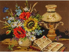 Asztali virágcsendélet könyvvel keretezett gobelin 44 x 54 cm