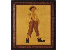 Régi cigarettázó fiú intarziakép régi keretben 21.5 x 19.5 cm