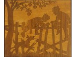 Régi fiúkat kerítésre kergető kutya intarziakép régi keretben 23.5 x 27 cm