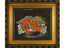 Keretezett pipacsos selyemkép virágcsendélet 31 x 34.5 cm