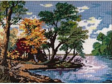 Keretezett gobelin vízparti tájkép 42.5 x 52.5 cm