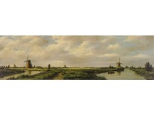 Szélmalmok Kinderdijkben keretezett színes nyomat 22 x 56 cm