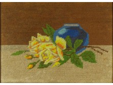 Asztali virágcsendélet kék vázával keretezett gobelin 32 x 42 cm