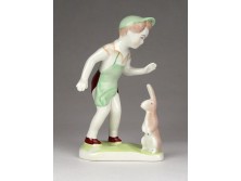 Jelzett Aquincum porcelán fiú nyúllal figura 13.5 cm