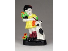 Régi kerámia kislány kutyával figura 11 cm