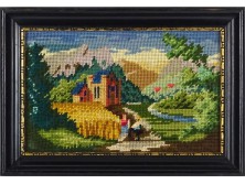 Régi gobelin tóparti kastély fekete keretben 18 x 26 cm