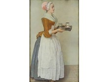 Régi színes keretezett szolgálólány nyomat 34 x 21 cm