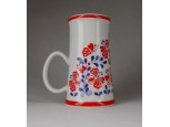 Hollóházi virágmintás piros kék porcelán söröskorsó 14.3 cm