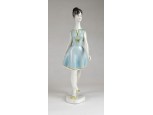 Hollóházi porcelán kék ruhás sétáló nő szobor 25 cm