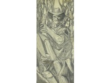 Jelzett keretezett grafika: Bambuszvágó férfi kalapban 53 cm x 30 cm
