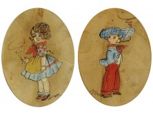 Cigarettázó gyerekek keretezett selyemkép pár 21.5 x 18 cm