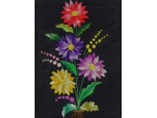 Régi hímzett virágcsendélet keretezett kézimunka 33 x 25 cm