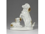 Régi pitiző porcelán kutya mama és kiskutyája porcelán szobor 8 cm