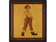Régi cigarettázó fiú intarziakép régi keretben 21.5 x 19.5 cm