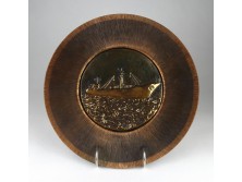 Mid century ötvösmunka hajós bronz fali dísztál 27 cm
