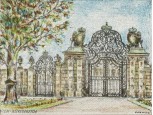 Régi bécsi jelzett keretezett selyemkép 16 x 22 cm WIEN - BELVEDERETOR felirattal