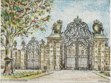 Régi bécsi jelzett keretezett selyemkép 16 x 22 cm WIEN - BELVEDERETOR felirattal