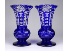 Régi kék csiszolt üveg talpas váza pár 13.5 cm