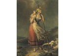 Régi keretezett anya gyermekével romantikus színezett litográfia 1800-as évek 29.5 x 23 cm