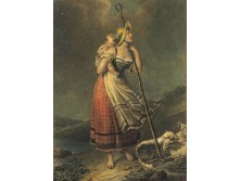 Régi keretezett anya gyermekével romantikus színezett litográfia 1800-as évek 29.5 x 23 cm