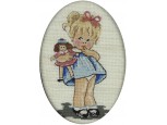 Régi kislány babájával tűgobelin ovális keretben 19 x 14 cm
