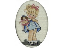 Régi kislány babájával tűgobelin ovális keretben 19 x 14 cm