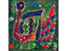 XX. századi magyar iparművész : Keretezett pávás zománckép 17 x 17 cm 