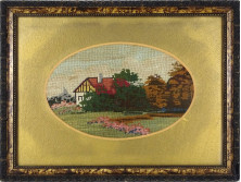Keretezett tájkép tűgobelin kézimunka 27 x 36 cm