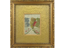 Régi keretezett tájképes tűgobelin 20 x 18 cm