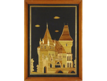 Retro bambusz Vajdahunyadvára kézimunka falikép 37 x 27 cm