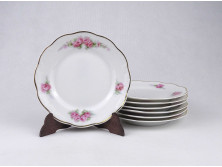 Rózsa mintás, aranyozott Hüttl porcelán süteményes tányér készlet 7 darab
