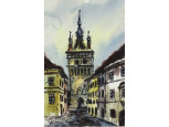 Gótikus kaputorony jelzett akvarell 30.5 x 21.5 cm