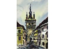 Gótikus kaputorony jelzett akvarell 30.5 x 21.5 cm