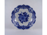 Régi barokkos, kék-fehér, virágmintás, kerek Wallendorf porcelán tál 27.7 cm