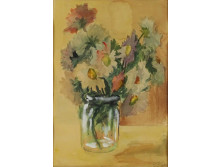 Magyar festő 1980 akvarell csokor üvegben - asztali virágcsendélet 27.5 x 19 cm