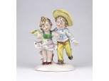Régi kisméretű Bertram jellegű porcelán figura - kislány virággal fiucska kalapban 12 cm 