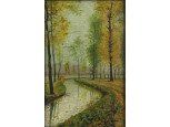 Régi jelzett olaj fatábla festmény: Erdőbelső patakparttal 20.3 x 13 cm