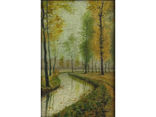 Régi jelzett olaj fatábla festmény: Erdőbelső patakparttal 20.3 x 13 cm
