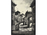 Mediterrán utcarészlet fekete - fehér kép keret nélkül fatáblán 40 x 28 cm