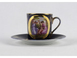 Régi kobaltkék színű, aranyozott antik jelenetes, cseh Altwien porcelán kávéscsésze