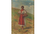 Ismeretlen festő : Piros ruhás menyecske kosárral 45 x 30 cm