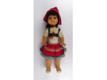 Retro piros főkötős népviseletes műanyag baba 42 cm