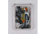 Színes mázas iparművészeti harkály kerámia falidísz 10.5 x 7.8 cm