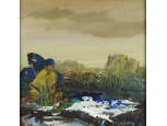 Kisméretű jelzett olaj vászon tájkép - Őszi táj 17 x 17 cm