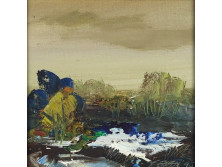 Kisméretű jelzett olaj vászon tájkép - Őszi táj 17 x 17 cm