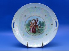 Régi jelenetes irizáló cseh porcelán kínáló