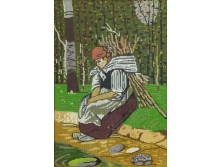 Régi rőzsegyűjtő nő gobelin arany keretben